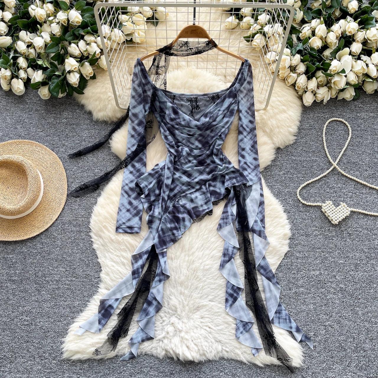 Blue Tied-dye Dress With Ruffles And