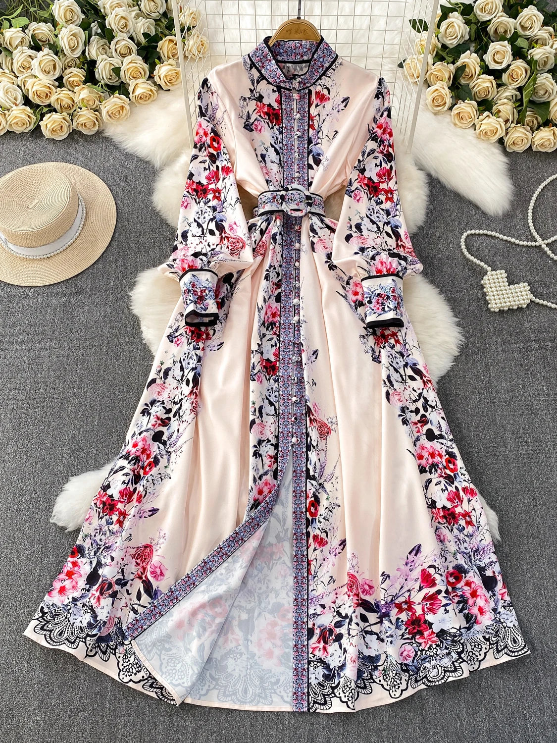 knee length dresses for ladies Elegant Long Sleeve Belted High Quality Maxi Dress Pink / M / CN
