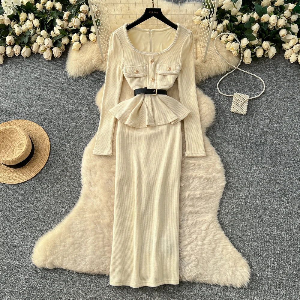 beige peplum dress Elegant Mini Dress With Peplum Hem And Rosette Waist Embellishment