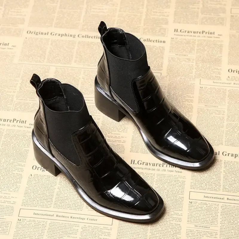 Ankle Boots Women Round Toe Block Low Heel Chelsea Boots Black Slip On Patent Leather Ankle Boots Comfortable Non-Slip Shoes