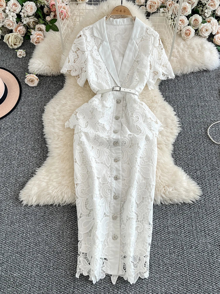 belted white lace dress White Lace Halter Tuxedo Belted Dress M